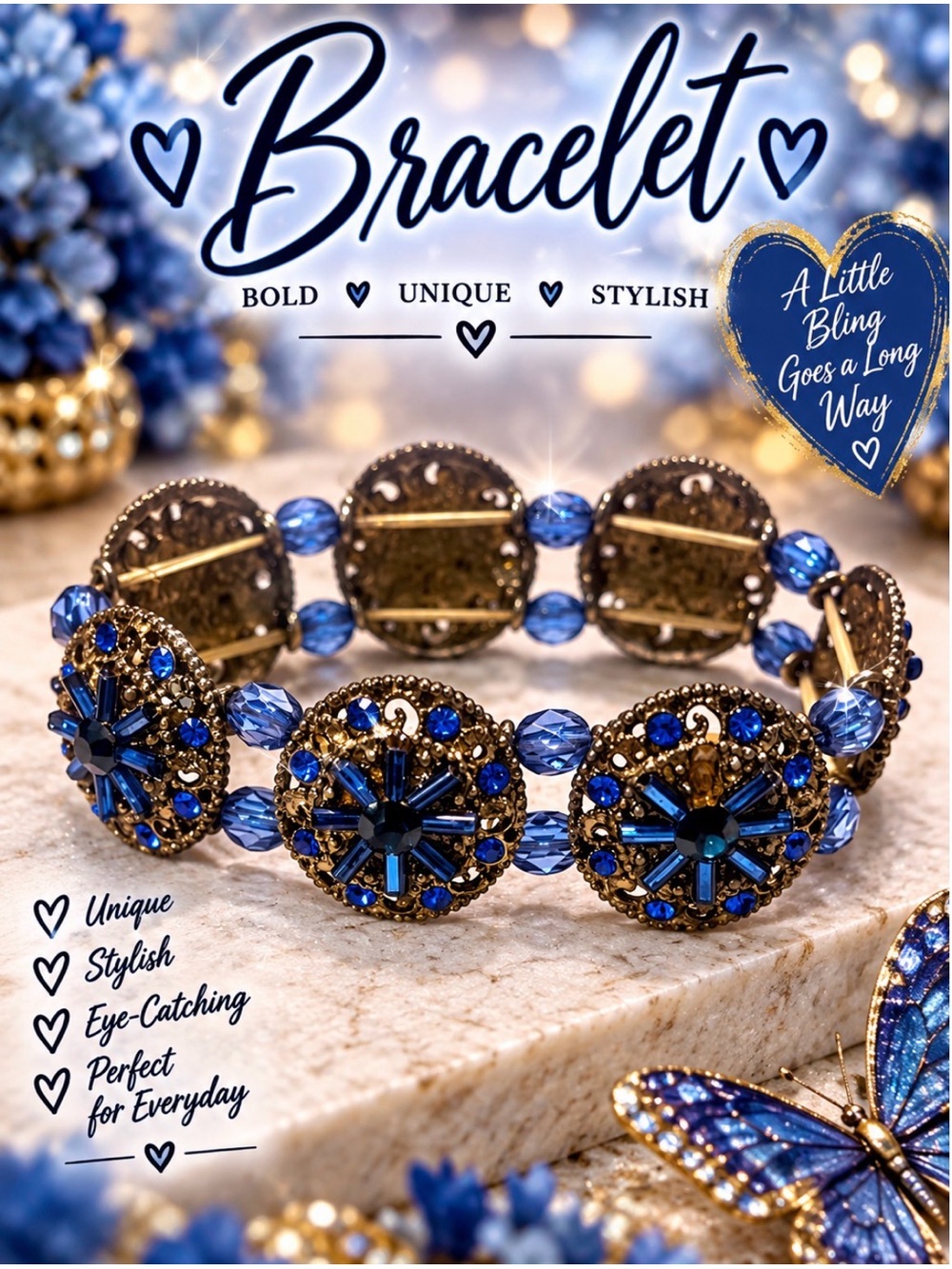 Blue Crystal Stretch Bracelet with Gold Accents - Fashion Jewelry - NWOT
